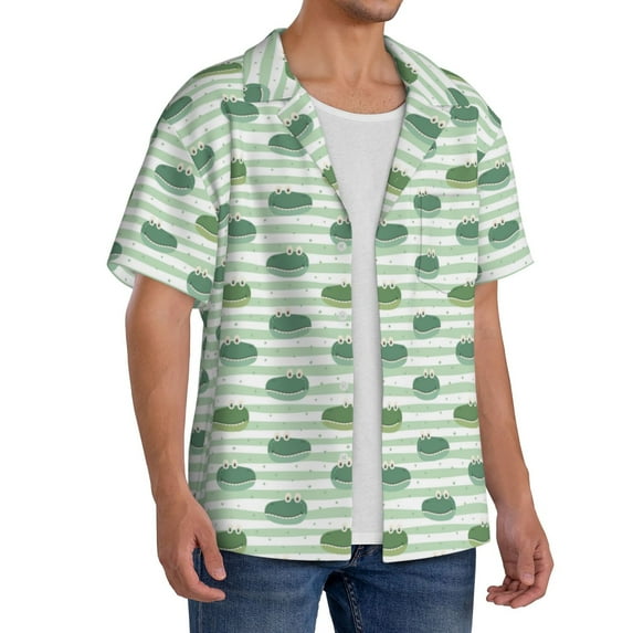 Picia Cute Crocodile Men's Linen Shirts Short Sleeve Cuban Beach Shirts Casual Shirts Button Down Shirt for Men Beach Summer Wedding Shirt-