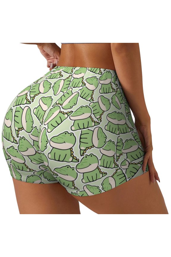 Cute Crocodile Printed Workout Shorts for Women Seamless Scrunch Butt Lifting High Waisted Yoga Gym Booty Running Moisture-wicking Short Pants-Medium