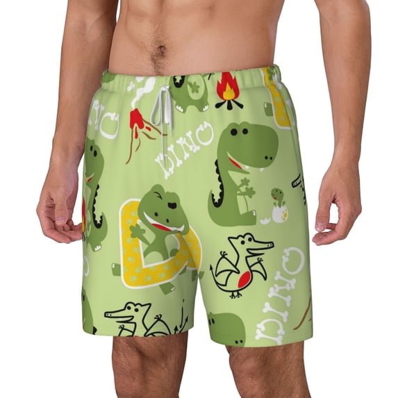 Picia Cute Dinosaurs Cartoon pattern Mens Swim Trunks with Compression Liner Stretch Beach Shorts Quick Dry with Zipper Pockets No-Chafing Board Shorts-3X-Large