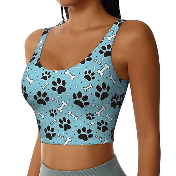 Picia Cute Dog Footprints Sports Bra for Women,Padded Strappy Sports Bras Medium Support Yoga Bra with Removable Cups,Running Yoga Bra-Medium