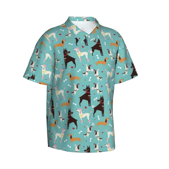 Picia Cute Dog Gentle Cotton Regular Fit Short Sleeve Casual Hawaiian Shirt for Men-Large