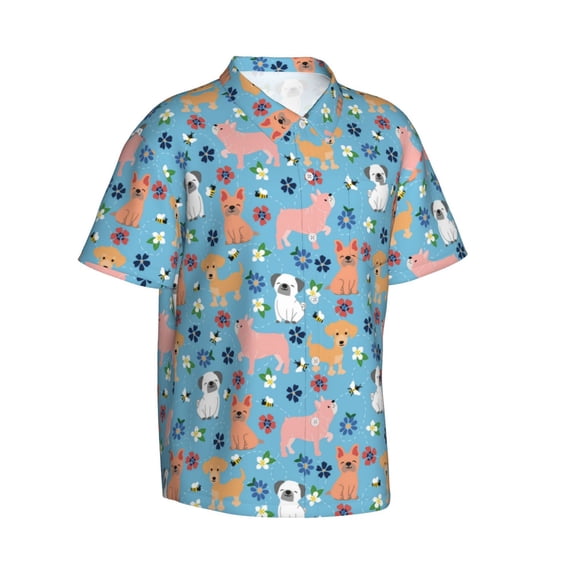 Picia Cute Dog Gentle Cotton Regular Fit Short Sleeve Casual Hawaiian Shirt for Men-Small