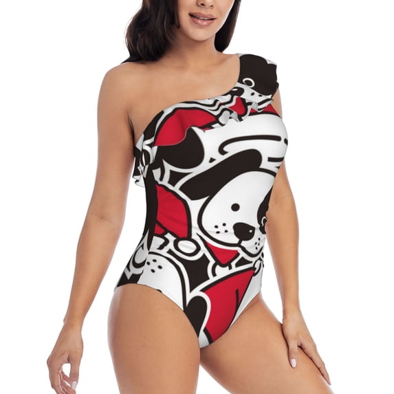 Picia Cute Dog Pattern Women's One Piece Swimsuits,One Shoulder Swimwear Asymmetric ,Ruffle Monokinis Bathing Suits,High Waisted Flattering Bathing Suits-XX-Large