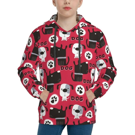 Picia Cute Dog Pattern Youth Hoodie - Warm Pullover Sweatshirt with Kangaroo Pocket, Ideal for Boys and Girls-Small