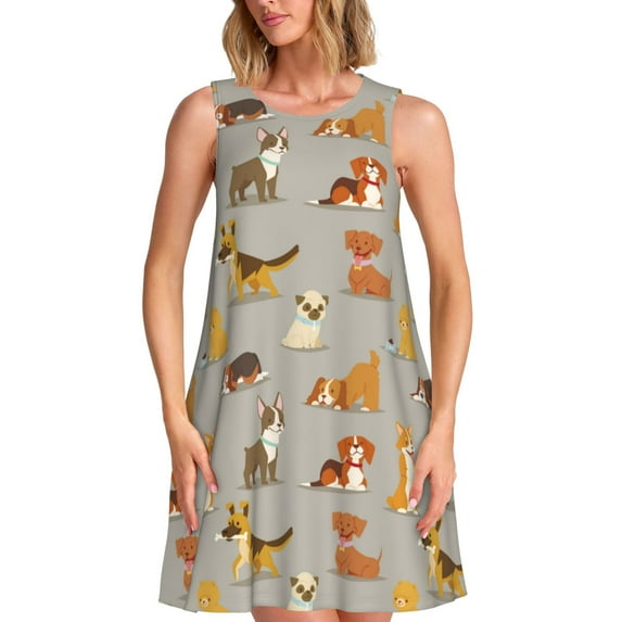 Picia Cute Dog Print Women’s Sleeveless Midi Swing Dress – A-Line Pleated Tank Sundress, Comfortable and Flowy T-Shirt Dress