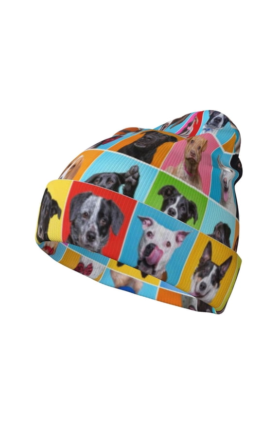 Cute Dogs Collage Pattern Knitted Beanie Hat for Men and Women , Unisex Winter Warm Stretchy Knit Cap Thick Fisherman Beanies Cuffed Plain Skull Caps