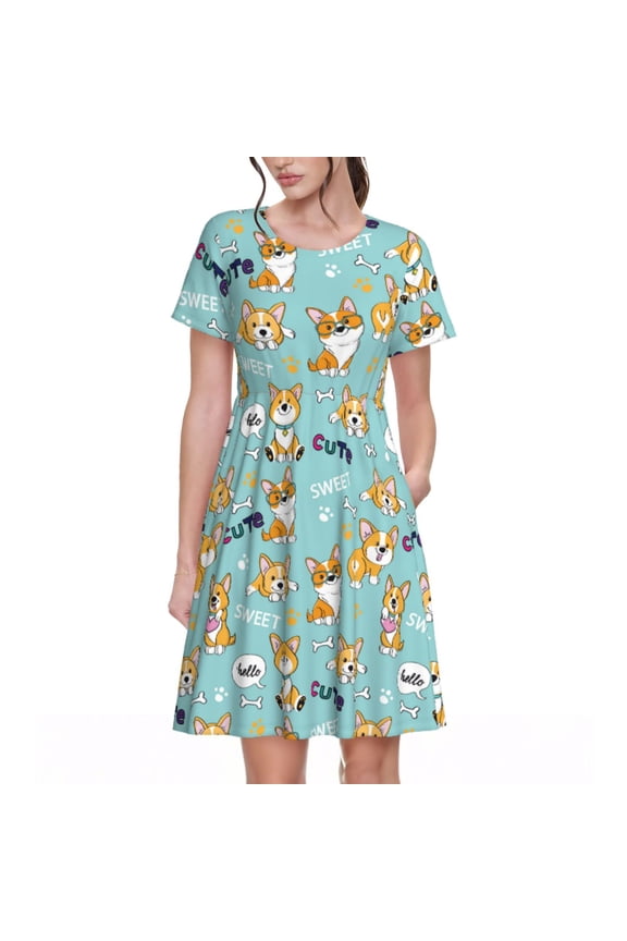 Cute Dogs Corgi Pattern Women's Short Sleeve Summer Dress Pleated Loose Swing Knee Length Short Sleeve Swing Dresses