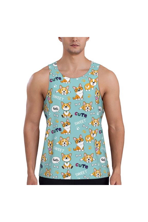 Cute Dogs Corgi Printed Men’s Performance Tank, Men's Workout Tank Top Moisture-Wicking Tank Top Muscle tee, Breathable Workout Shirt-Medium