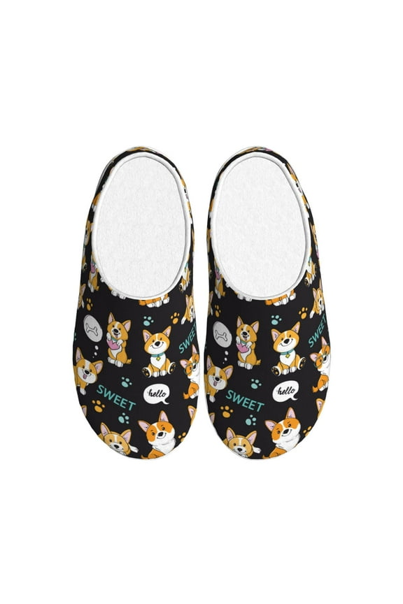 Cute Dogs Corgi for Women's Lamb-hug Comfy Fleece House Slippers Memory Foam, Slip-on House Shoes Indoor Outdoor-35/36