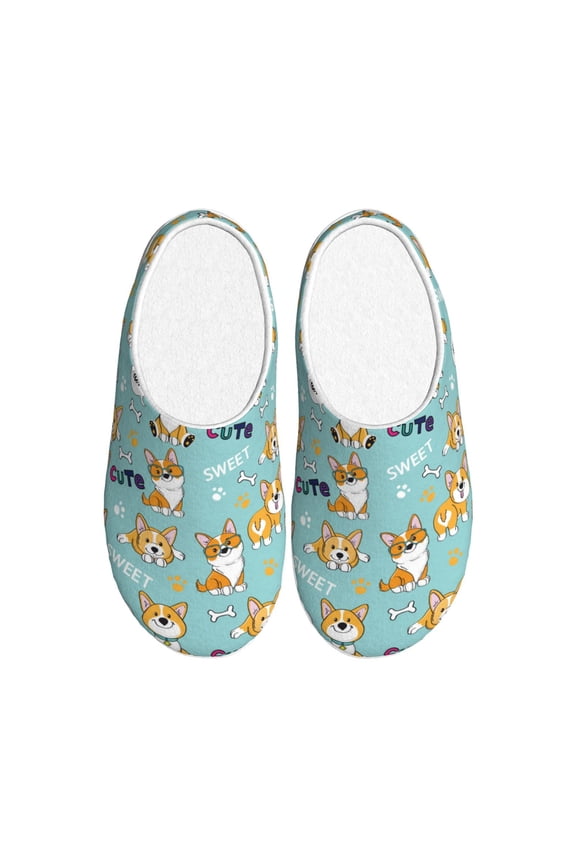 Cute Dogs Corgi for Women's Lamb-hug Comfy Fleece House Slippers Memory Foam, Slip-on House Shoes Indoor Outdoor-44/45