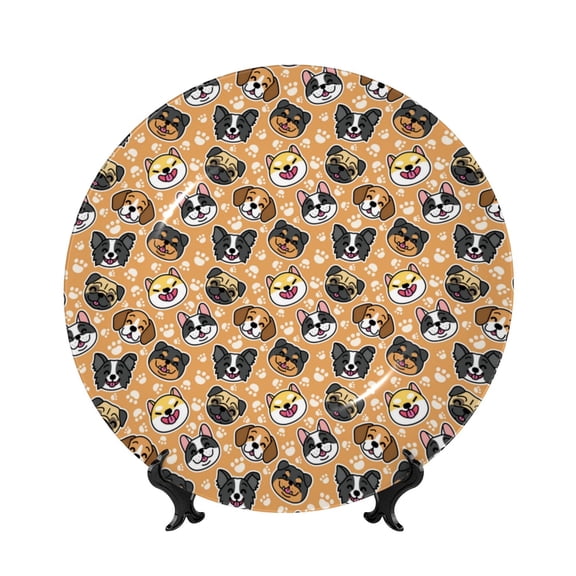 Picia Cute Dogs Head Pattern Bone China Decorative Plate – Wall Decor with Stand and Adhesive, Elegant Ornament for Living Room, Office, or Entryway-6in