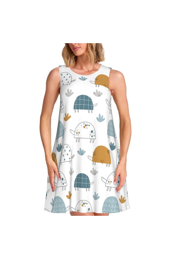 Cute Doodle Turtles Print Women’s Sleeveless Midi Swing Dress – A-Line Pleated Tank Sundress, Comfortable and Flowy T-Shirt Dress