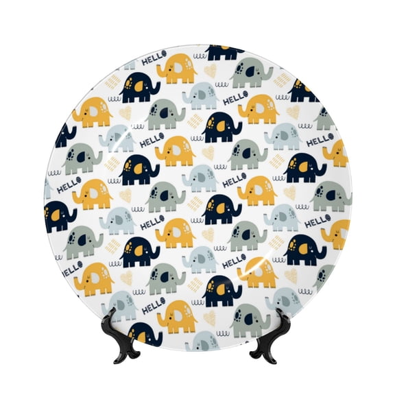 Picia Cute Elephant Pattern Bone China Decorative Plate – Wall Decor with Stand and Adhesive, Elegant Ornament for Living Room, Office, or Entryway-7in