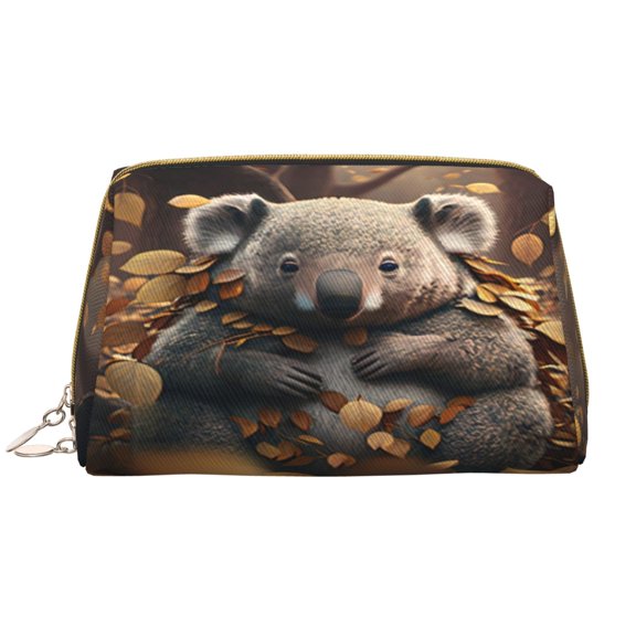 Picia Cute Fallen Leaf Koala Print Leather Makeup Bag Make Up Bag Travel Toiletry Bag for Her Girlfriend Teacher Teen Girl Gifts