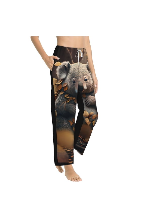 Cute Fallen Leaf Koala Womens Soft Woven Cotton Elastic Waistband Sleep Pajama Pant Lounge Sleep Pant With Pockets And Drawstring-XX-Large