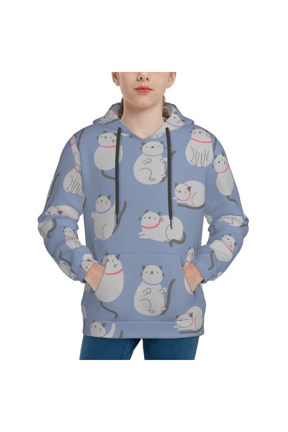 Cute Fat Cat Pattern Youth Hoodie - Warm Pullover Sweatshirt with Kangaroo Pocket, Ideal for Boys and Girls-Large