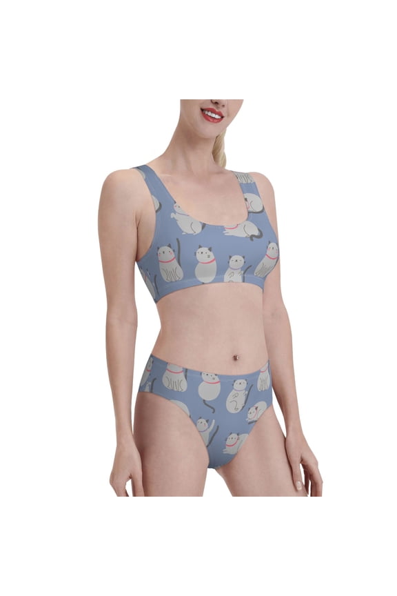 Cute Fat Cat Women's High Waisted Bikini Scoop Neck Swimsuit Two Pieces Bathing Suit-X-Large