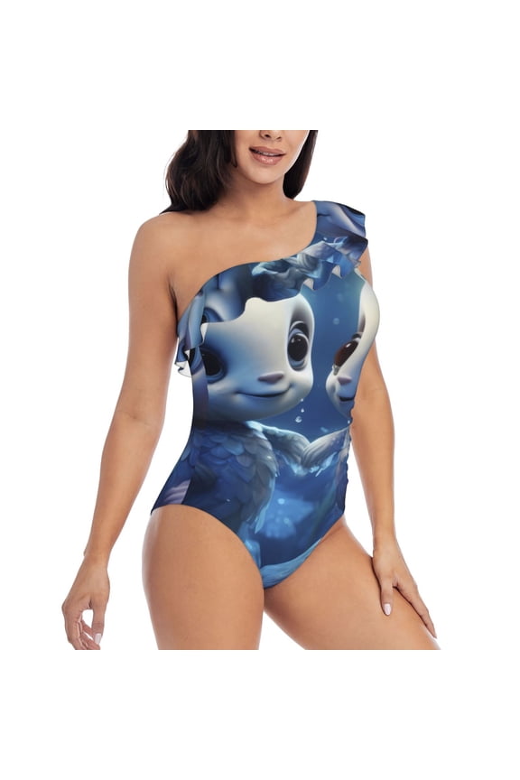 Cute Fish Flower Couple Pattern Women's One Piece Swimsuits,One Shoulder Swimwear Asymmetric ,Ruffle Monokinis Bathing Suits,High Waisted Flattering Bathing Suits-Medium