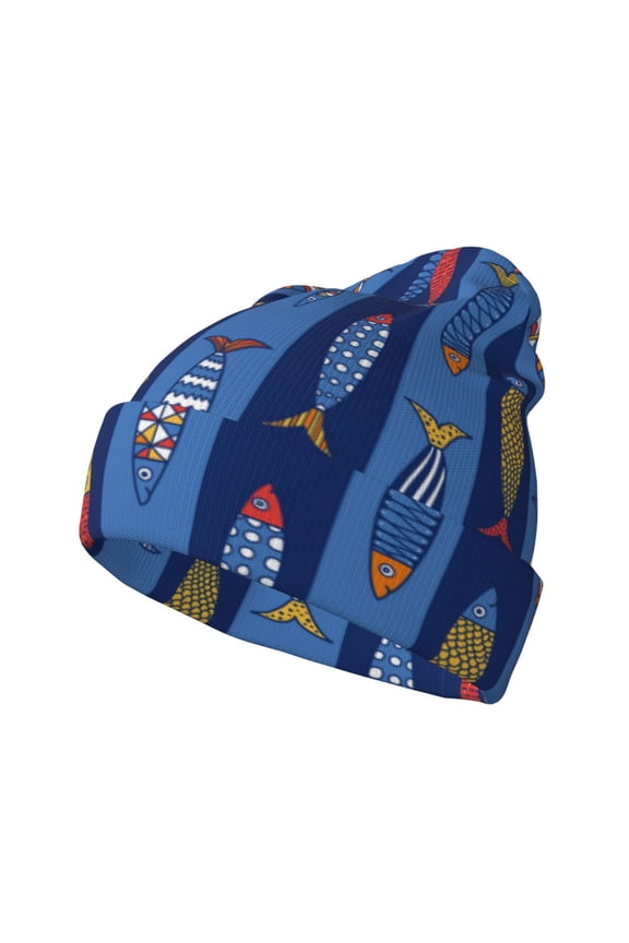 Cute Fish Pattern Knitted Beanie Hat for Men and Women , Unisex Winter Warm Stretchy Knit Cap Thick Fisherman Beanies Cuffed Plain Skull Caps