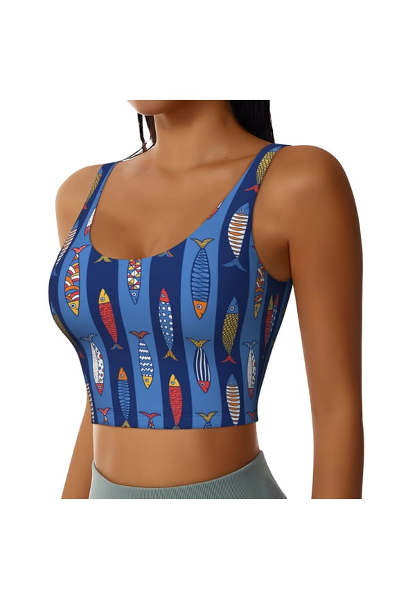 Cute Fish Sports Bra for Women,Padded Strappy Sports Bras Medium Support Yoga Bra with Removable Cups,Running Yoga Bra-Small