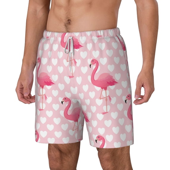 Picia Cute Flamingo with Heart pattern Mens Swim Trunks with Compression Liner Stretch Beach Shorts Quick Dry with Zipper Pockets No-Chafing Board Shorts-X-Large