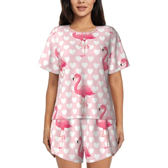 Picia Cute Flamingo with Heart Pajamas Sets for Women Soft Short-Sleeved Pjs with Lounge Shorts Two Piece Sleepwear-3X-Large