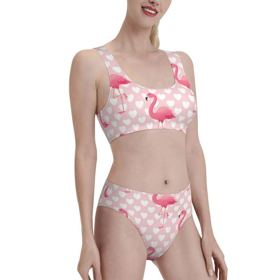 Picia Cute Flamingo with Heart Women's High Waisted Bikini Scoop Neck Swimsuit Two Pieces Bathing Suit-X-Large