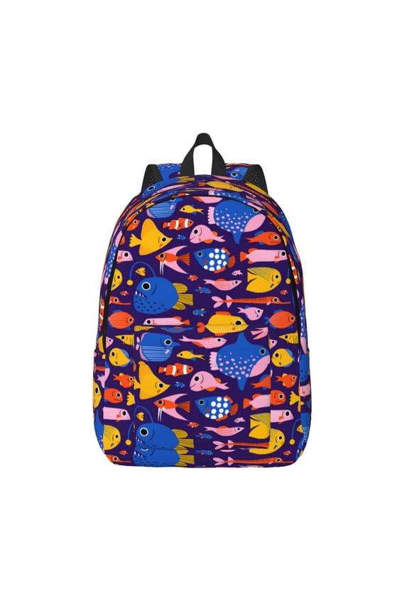 Cute Flat Hand Drawn Fishes Printed Canvas Daypack - Stylish and Durable Vintage Compact Backpack - Class, Work, Travel, or Laptop Bookbag,Organized Compartments-Small