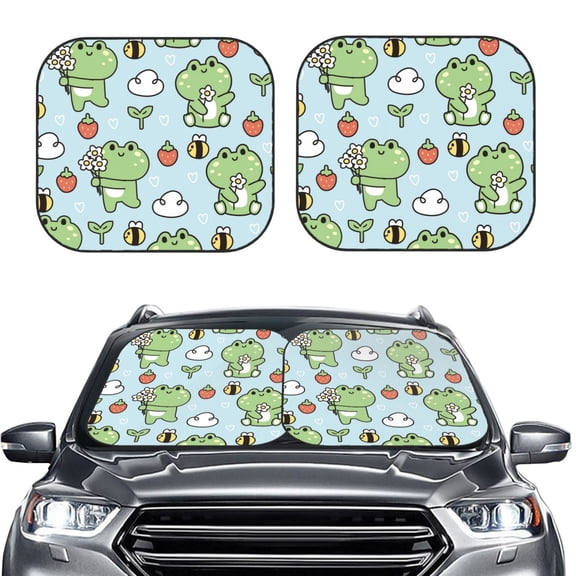 Picia Cute Floral Frog 2 Piece Car Windshield Sun Shade Foldable | Foldable Sun Shield for Front Window Blocks UV Rays and Keeps Your Vehicle Cool-Small