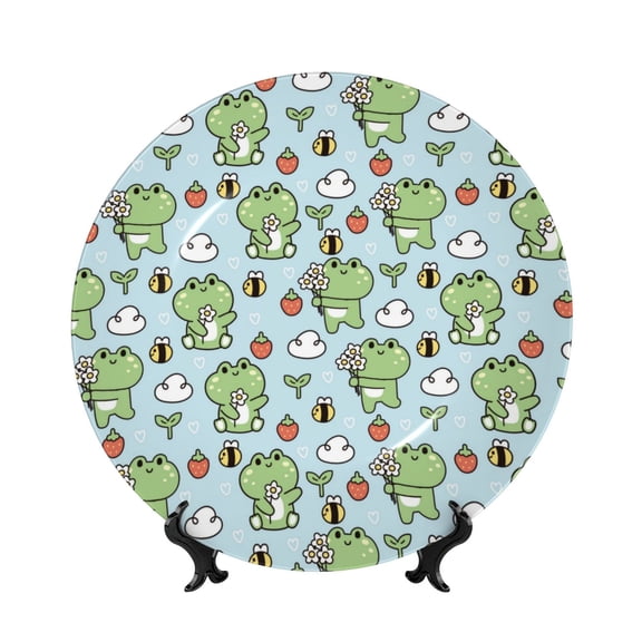 Picia Cute Floral Frog Pattern Bone China Decorative Plate – Wall Decor with Stand and Adhesive, Elegant Ornament for Living Room, Office, or Entryway-7in