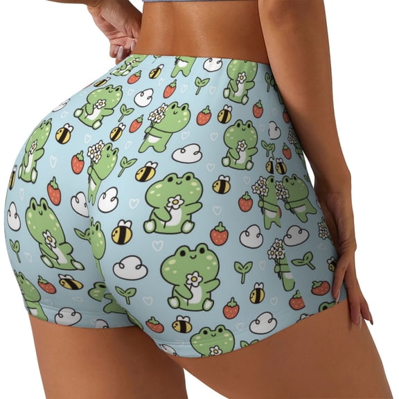 Picia Cute Floral Frog Printed Workout Shorts for Women Seamless Scrunch Butt Lifting High Waisted Yoga Gym Booty Running Moisture-wicking Short Pants-Large