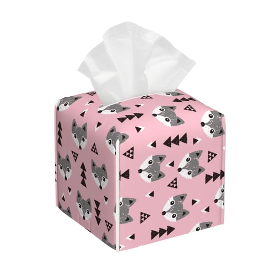 Picia Cute Fox Pink Tree Pattern Tissue Box Cover,PVC Leather Square Holder,Tissue Box Holder with Magnetic Bottom,Facial Paper Organizer Dispenser-5.2"X5.2"X5.2"