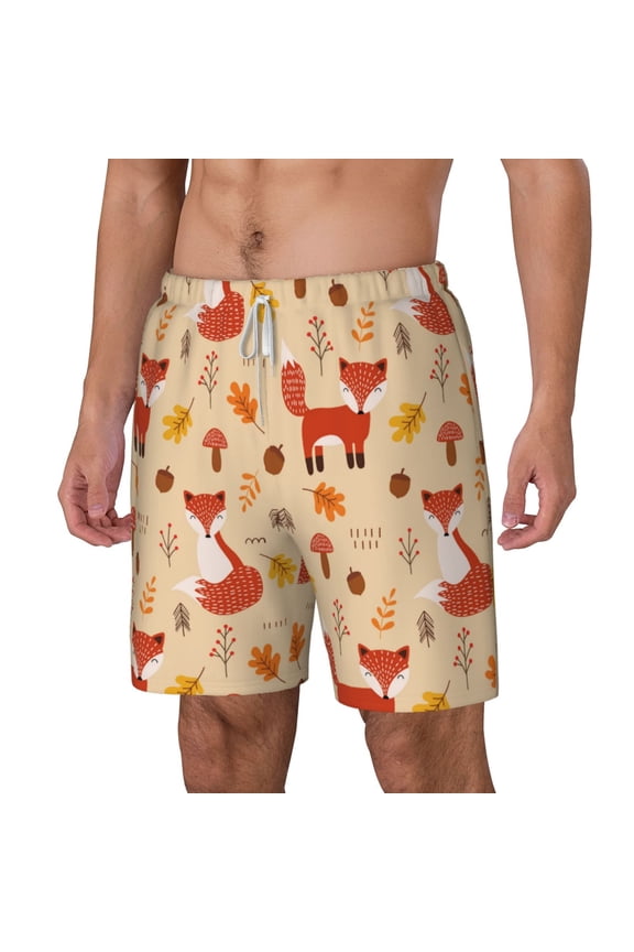 Cute Foxes pattern Mens Swim Trunks with Compression Liner Stretch Beach Shorts Quick Dry with Zipper Pockets No-Chafing Board Shorts-Large