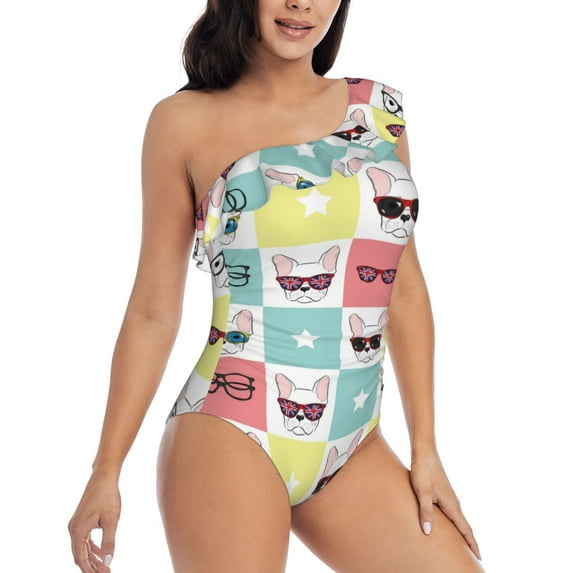 Picia Cute French Bulldog Pattern Women's One Piece Swimsuits,One Shoulder Swimwear Asymmetric ,Ruffle Monokinis Bathing Suits,High Waisted Flattering Bathing Suits-X-Large