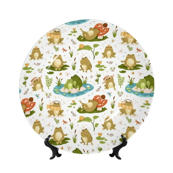 Picia Cute Frog Pattern Bone China Decorative Plate – Wall Decor with Stand and Adhesive, Elegant Ornament for Living Room, Office, or Entryway-10in