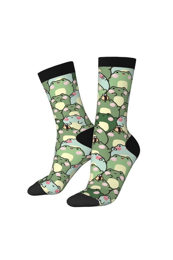 Cute Frog Print Athletic Socks for Men & Women – Cushioned Moisture-Wicking Crew Socks for Sports, Running, and Training, Soft & Breathable Size 5-11