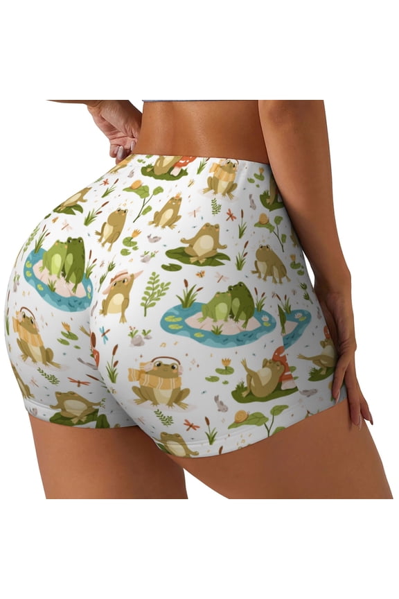 Cute Frog Printed Workout Shorts for Women Seamless Scrunch Butt Lifting High Waisted Yoga Gym Booty Running Moisture-wicking Short Pants-XX-Large