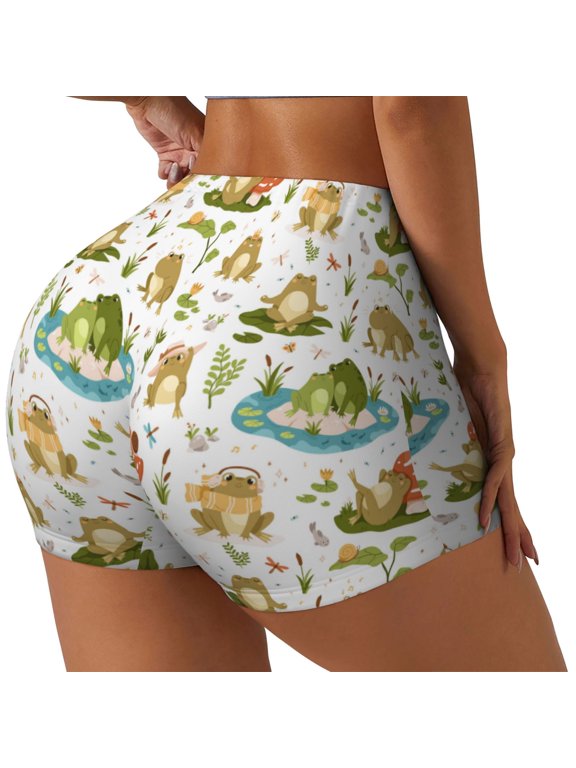 Cute Frog Printed Workout Shorts for Women Seamless Scrunch Butt Lifting High Waisted Yoga Gym Booty Running Moisture-wicking Short Pants-Large