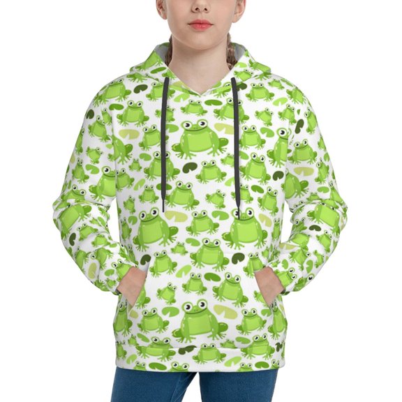 Picia Cute Frogs Pattern Youth Hoodie - Warm Pullover Sweatshirt with Kangaroo Pocket, Ideal for Boys and Girls-Small
