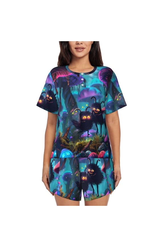 Cute Fuzzy Fantasy Creatures Pajamas Sets for Women Soft Short-Sleeved Pjs with Lounge Shorts Two Piece Sleepwear-Large