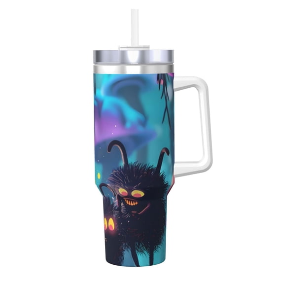 Picia Cute Fuzzy Fantasy Creatures Pattern 40oz Ice Bully Insulated Tumbler with Handle, Double-Wall Stainless Steel Cup, Leak-Proof Lid and Straw
