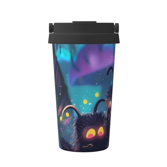 Picia Cute Fuzzy Fantasy Creatures Pattern 500ml Carry Insulated Coffee Mug, Stainless Steel Travel Mug with Hidden Handle, Leak-Proof for Car, Office, Home, and Outdoor Use