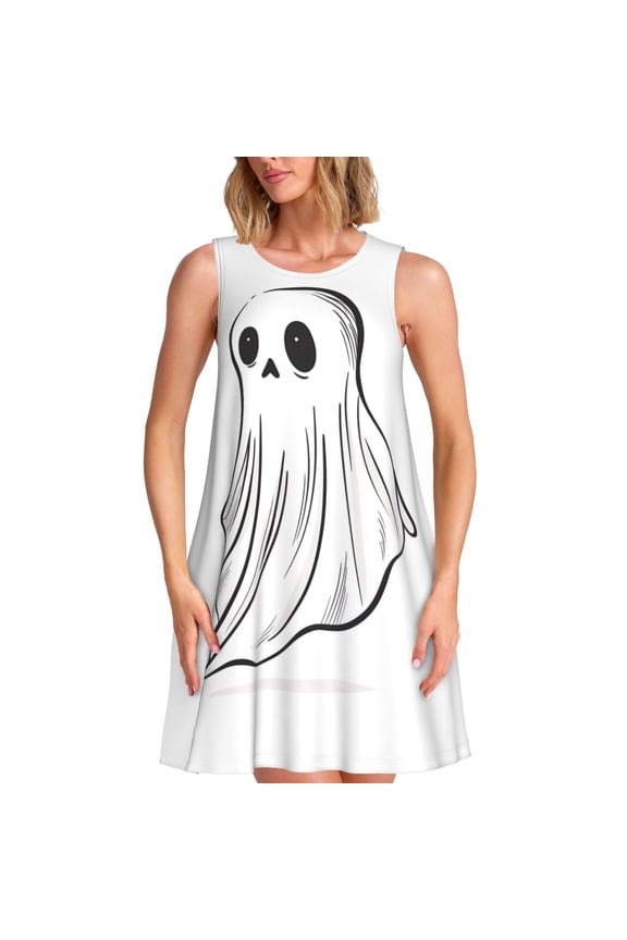 Cute Ghost Simple Drawing Print Women’s Sleeveless Midi Swing Dress – A-Line Pleated Tank Sundress, Comfortable and Flowy T-Shirt Dress