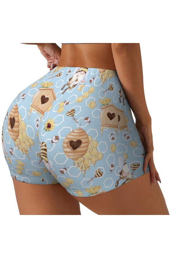 Cute Gnome Bee Collects Honey Printed Workout Shorts for Women Seamless Scrunch Butt Lifting High Waisted Yoga Gym Booty Running Moisture-wicking Short Pants-Small