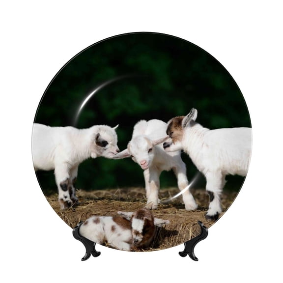 Picia Cute Goat Baby Pattern Bone China Decorative Plate – Wall Decor with Stand and Adhesive, Elegant Ornament for Living Room, Office, or Entryway-6in