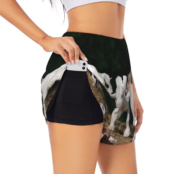 Picia Cute Goat Baby Pattern Women's 2 in 1 Athletic Running Shorts High Waisted Workout Casual Gym Sweat Shorts with Comfy Liner Zipper Pockets-Small