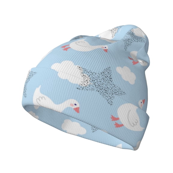 Picia Cute Goose On A Blue Sky Pattern Knitted Beanie Hat for Men and Women , Unisex Winter Warm Stretchy Knit Cap Thick Fisherman Beanies Cuffed Plain Skull Caps