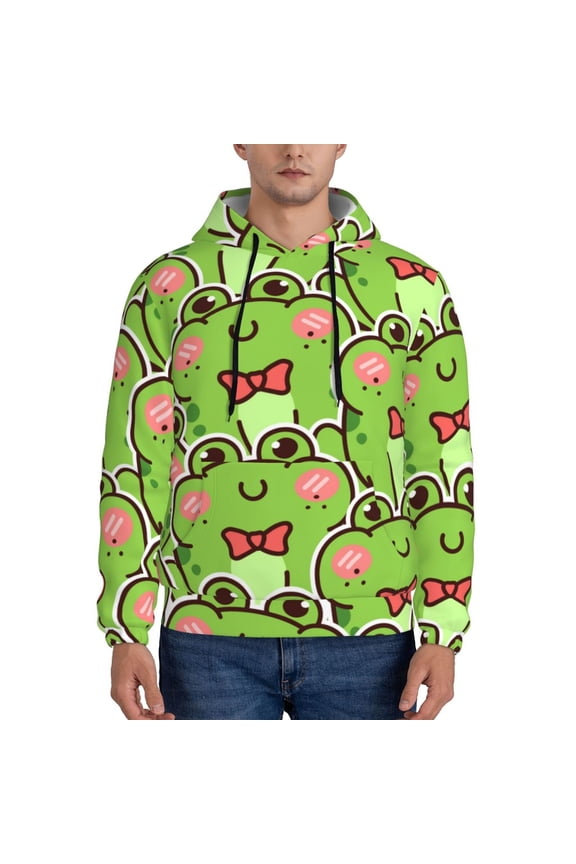 Cute Green Frog Pattern Casual Men's Hoodie - Lightweight Hooded Sweatshirt with Kangaroo Pocket, Comfortable Pullover for Everyday, Travel-Medium