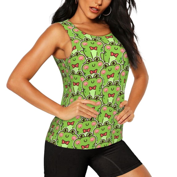 Picia Cute Green Frog Pattern Women's Workout Tank Top,Breathable Activewear,Slim Fit Athletic Top,Versatile Workout Moisture-wicking top-Medium