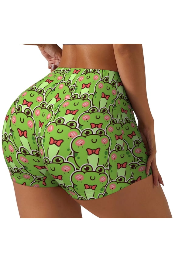 Cute Green Frog Printed Workout Shorts for Women Seamless Scrunch Butt Lifting High Waisted Yoga Gym Booty Running Moisture-wicking Short Pants-